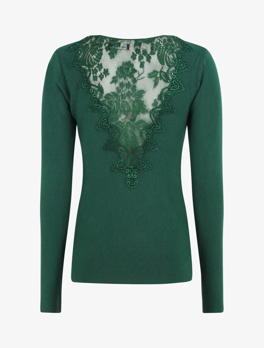Pull fin à dos en dentelle - Vert émeraude