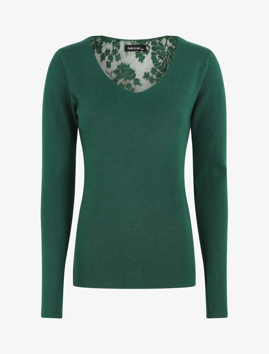 Pull fin à dos en dentelle - Vert émeraude - Image 2