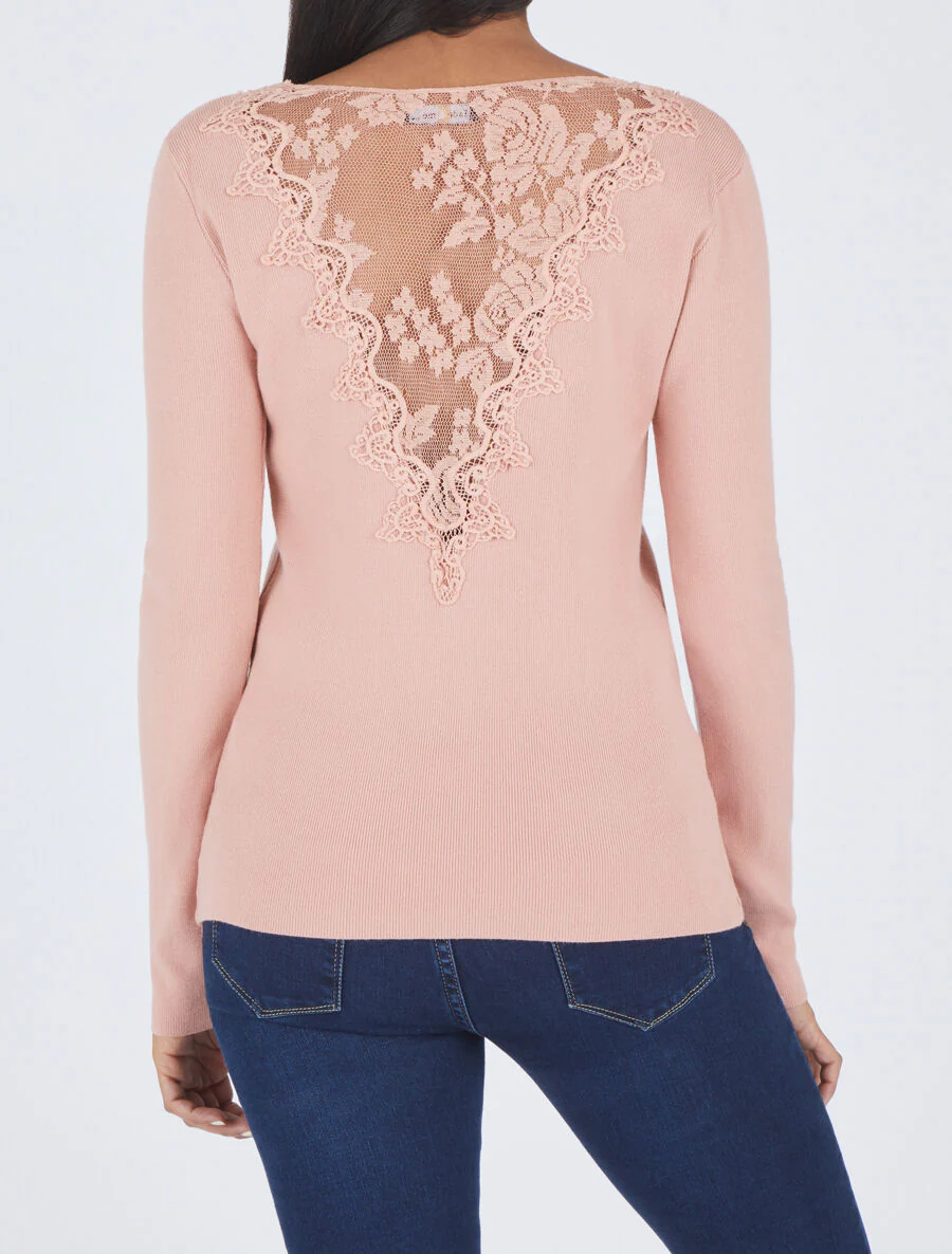 Pull fin à dos en dentelle - Rose