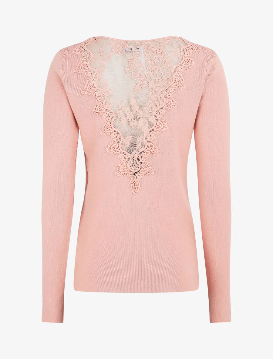 Pull fin à dos en dentelle - Rose - Image 3