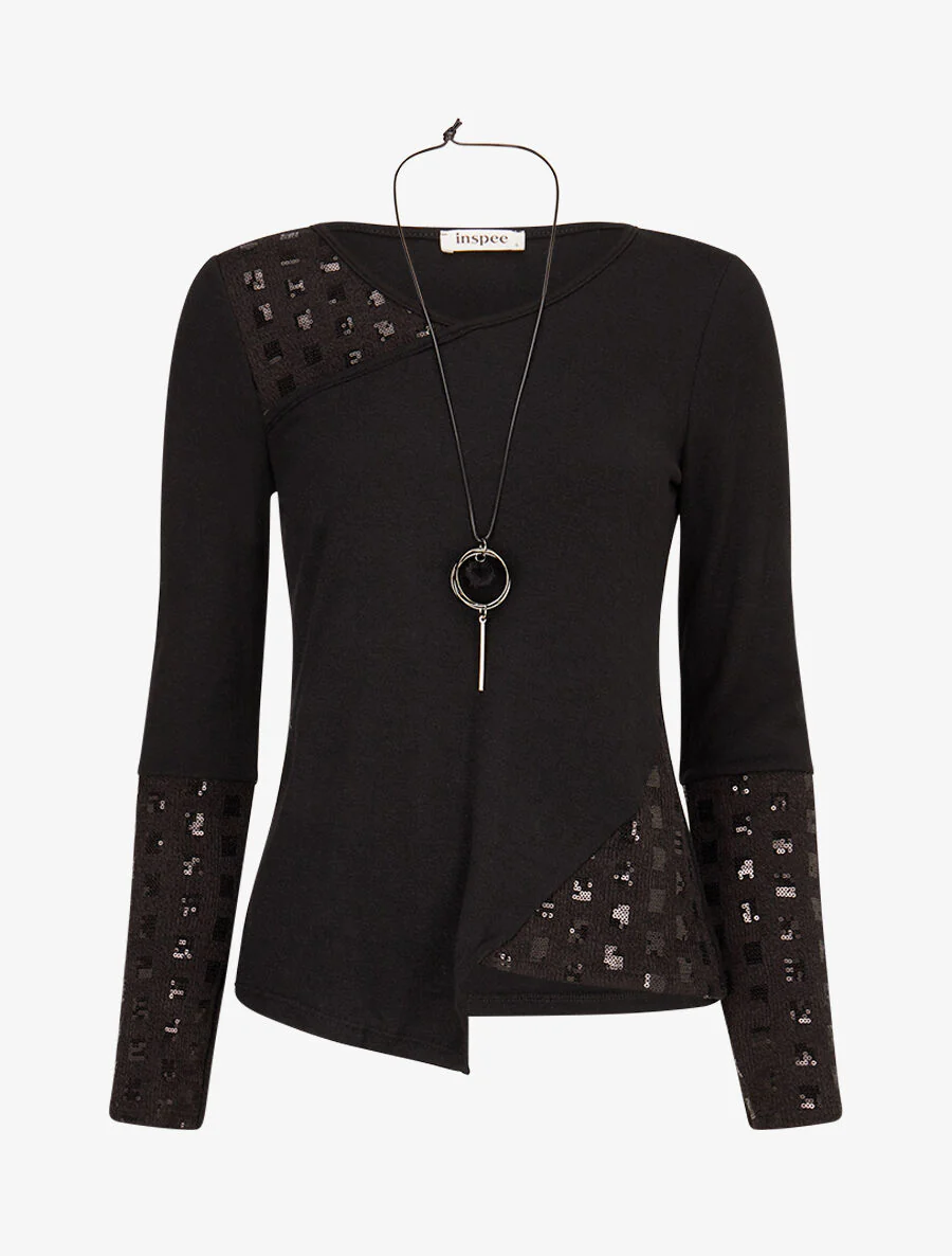 Pull fin à empiècement incrusté de sequins - Noir