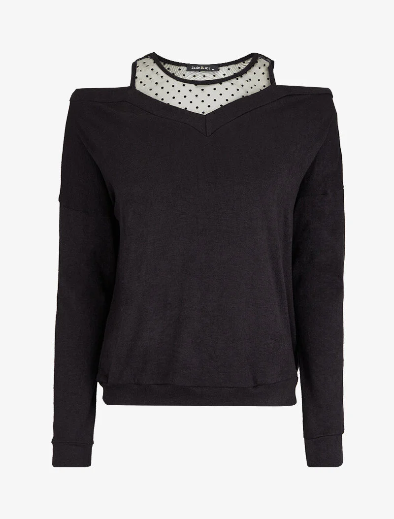 Pull fin à empiècement voile transparent - Noir