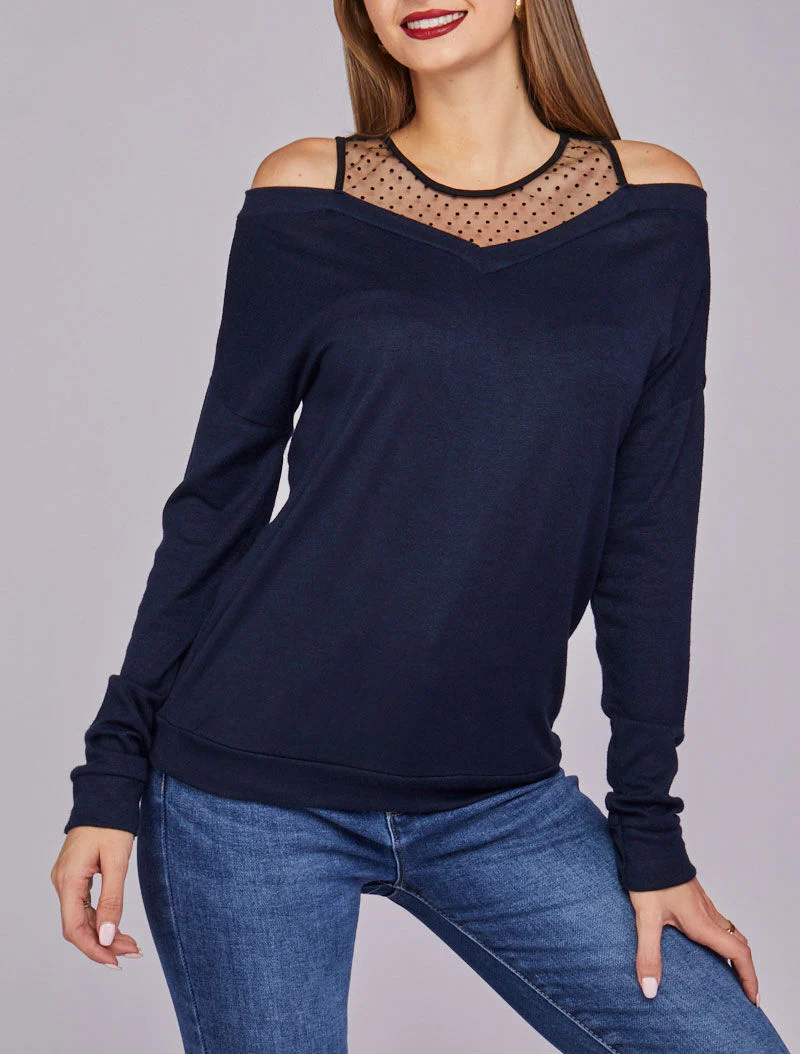 Pull fin à empiècement voile transparent - Marine