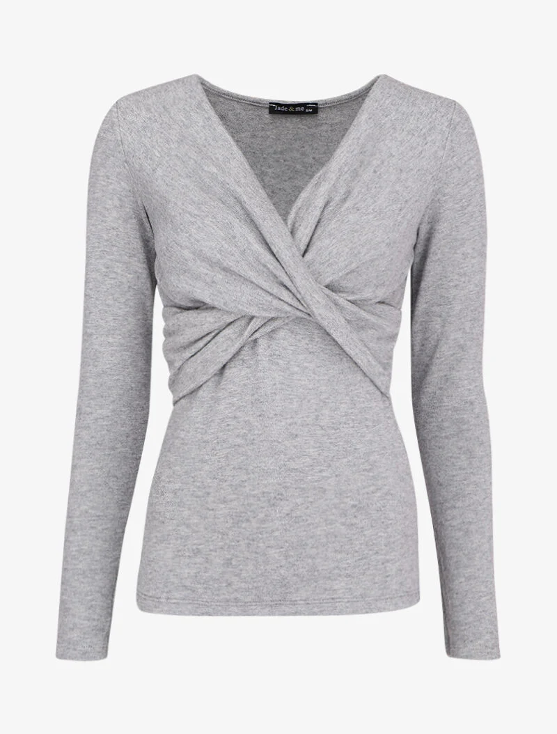 Pull fin à encolure cache-coeur effet drapé - Gris chiné