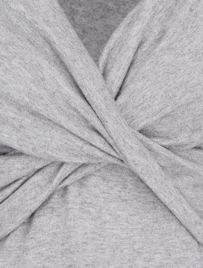 Pull fin à encolure cache-coeur effet drapé - Gris chiné - Image 3