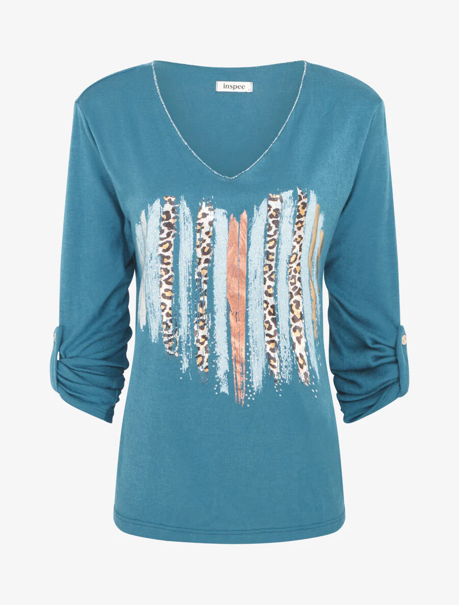 Pull fin à flocage coeur et strass - Bleu canard