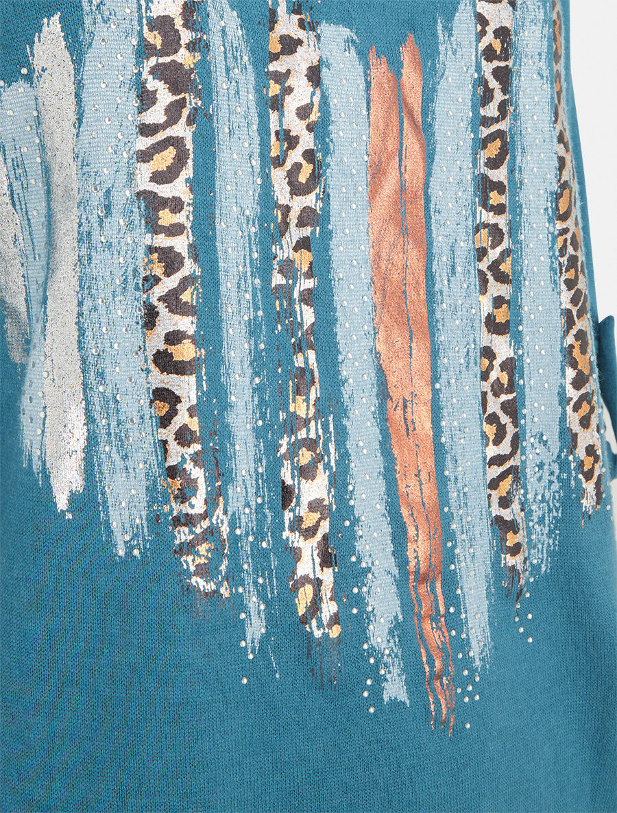 Pull fin à flocage coeur et strass - Bleu canard - Image 3