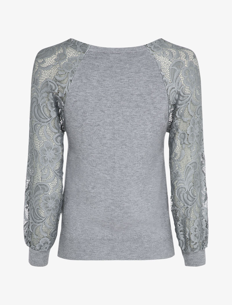 Pull fin à manches brodées - Gris clair - Image 2