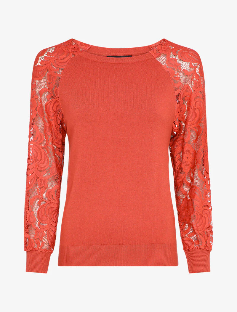 Pull fin à manches brodées - Rouge brique