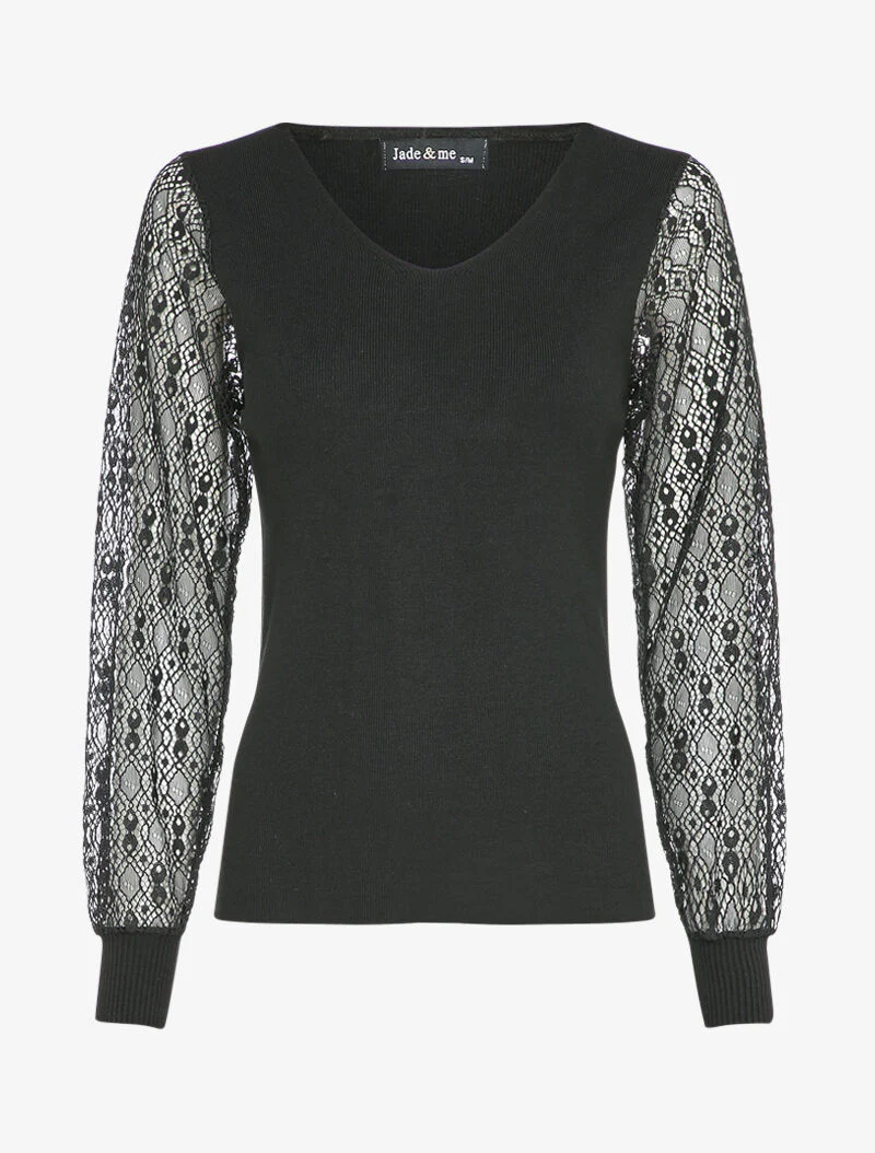 Pull fin à manches en dentelle ajourée - Noir