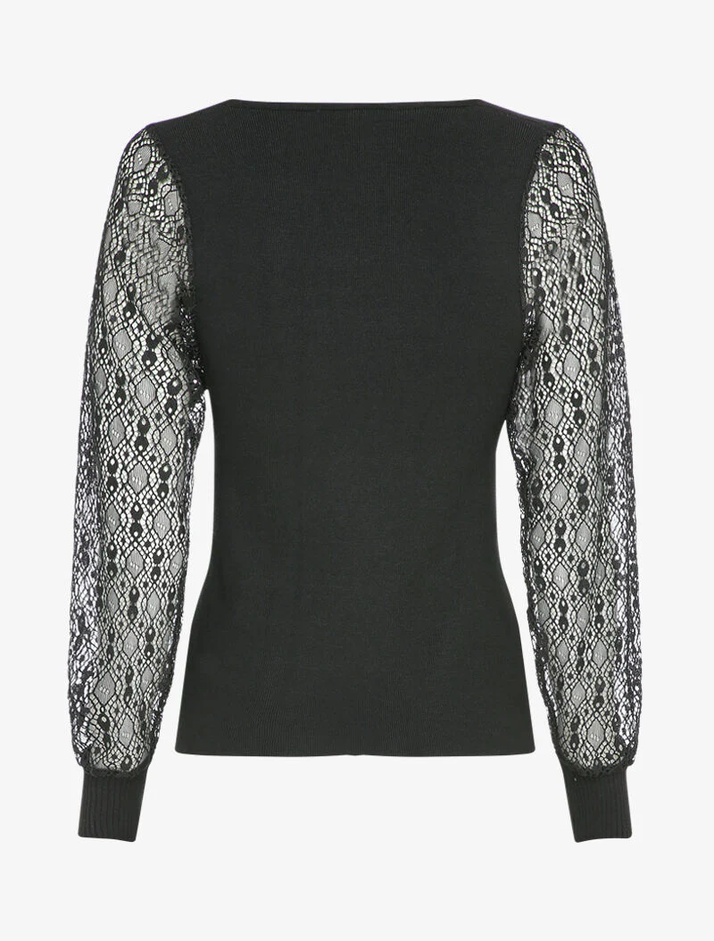 Pull fin à manches en dentelle ajourée - Noir - Image 2