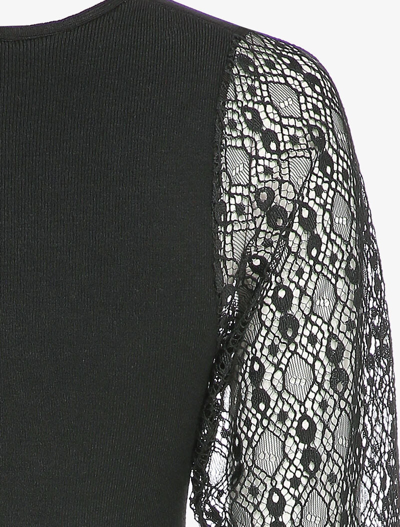 Pull fin à manches en dentelle ajourée - Noir - Image 3