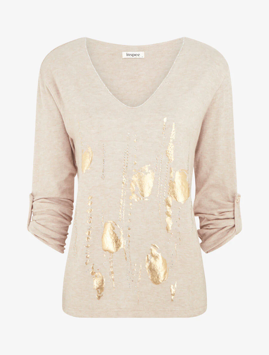 Pull fin à manches longues retroussables - Beige