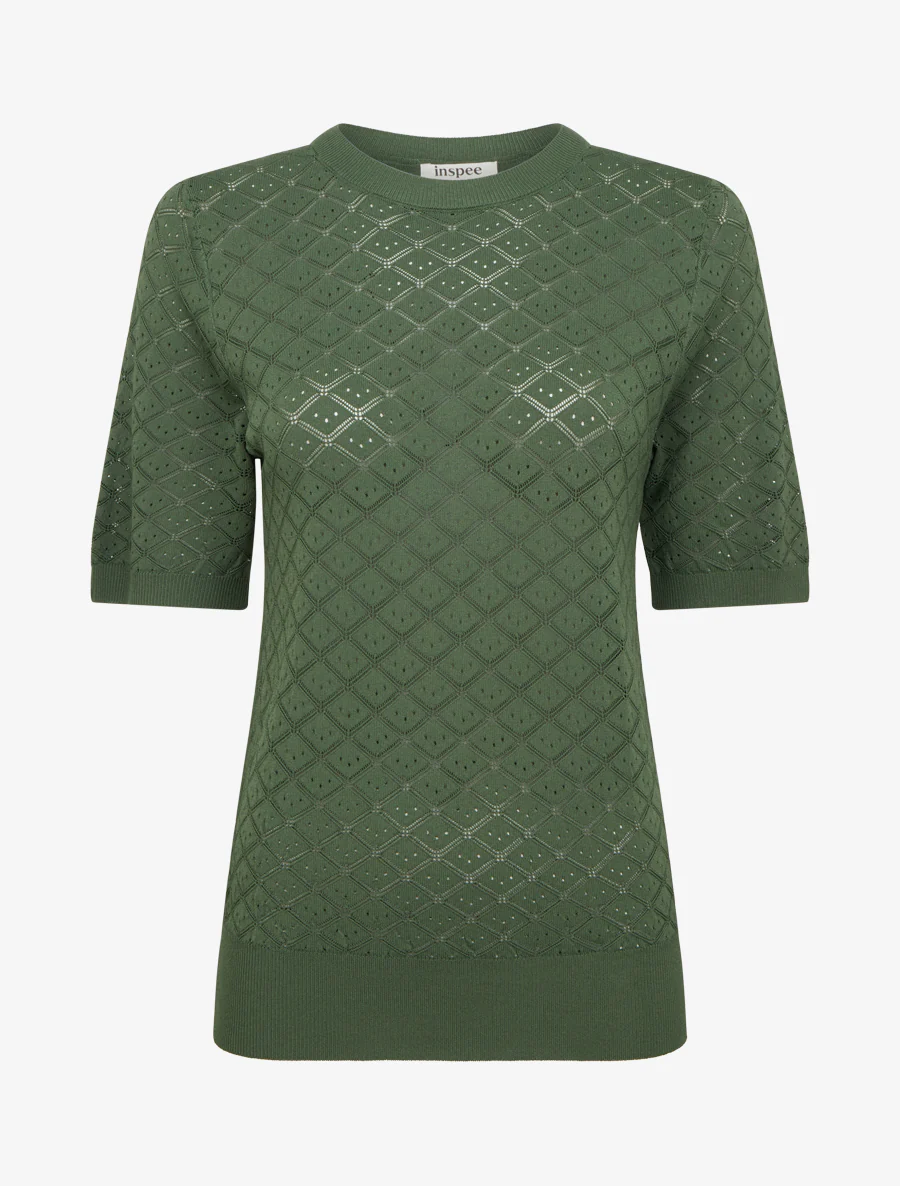 Pull fin à motifs losanges ajourés - Kaki