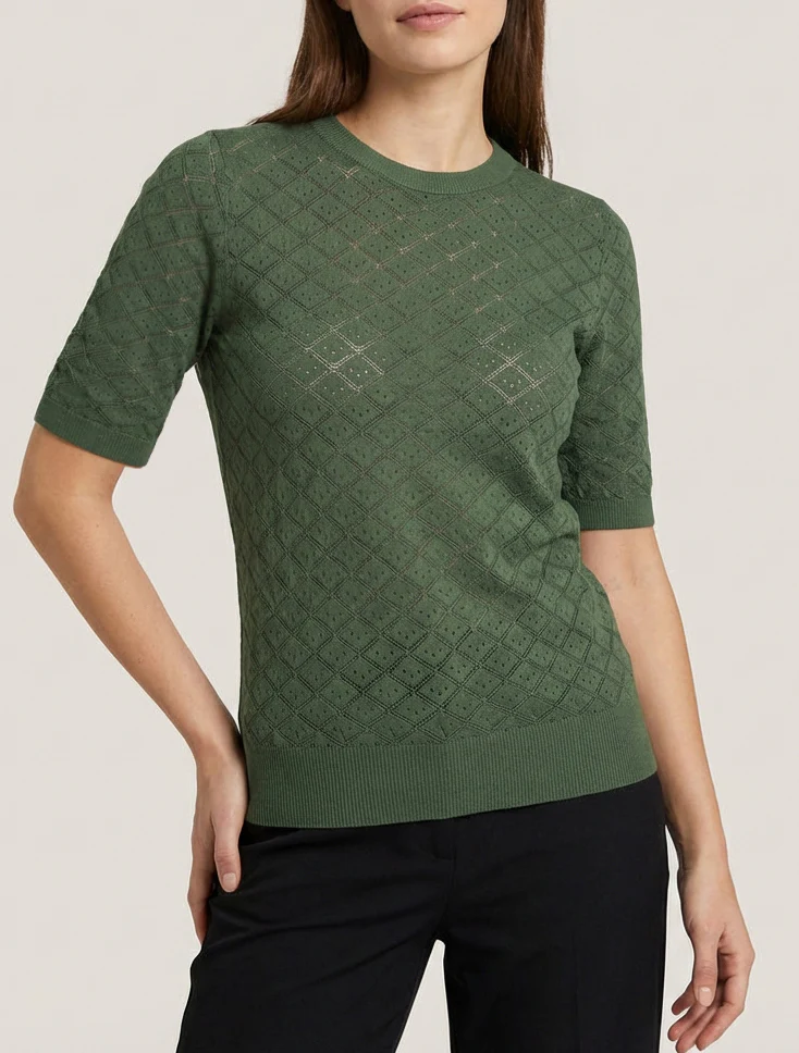Pull fin à motifs losanges ajourés - Kaki - Image 4