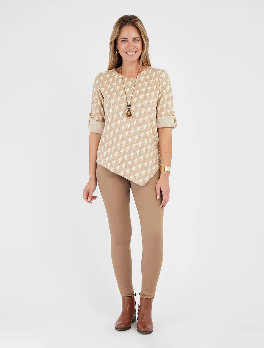 Pull fin asymétrique à imprimé pied de poule - Beige - Image 4