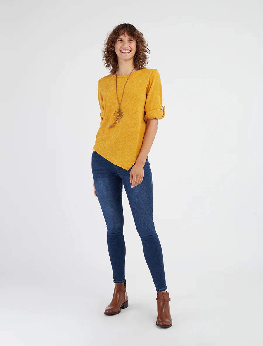 Pull fin asymétrique à manches longues retroussables - Jaune moutarde - Image 4