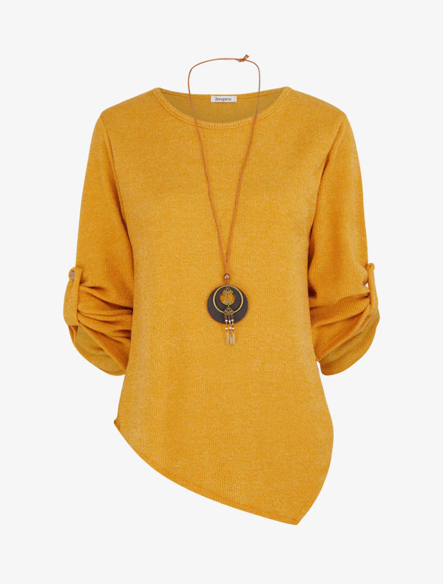 Pull fin asymétrique à manches longues retroussables - Jaune moutarde