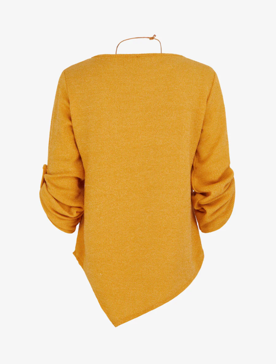 Pull fin asymétrique à manches longues retroussables - Jaune moutarde - Image 2