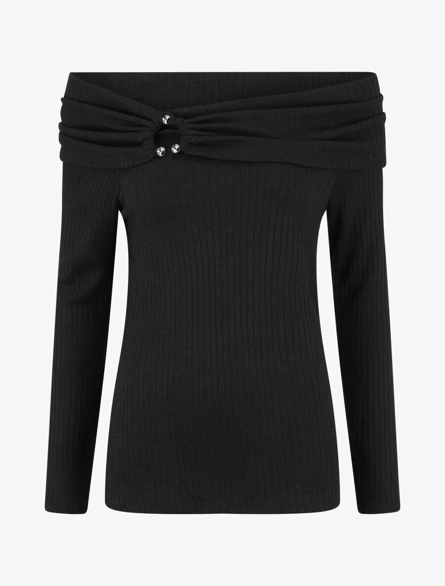 Pull fin côtelé à col bardot - Noir