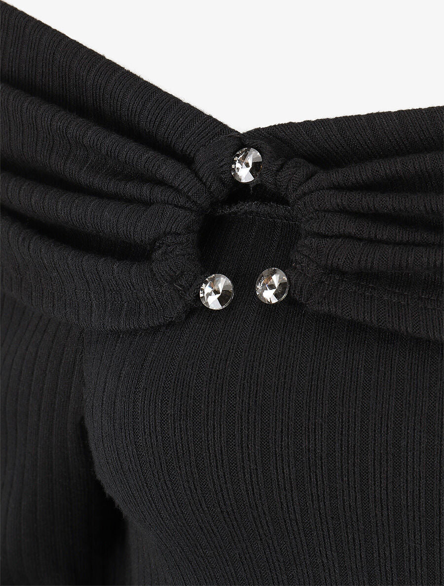 Pull fin côtelé à col bardot - Noir - Image 3