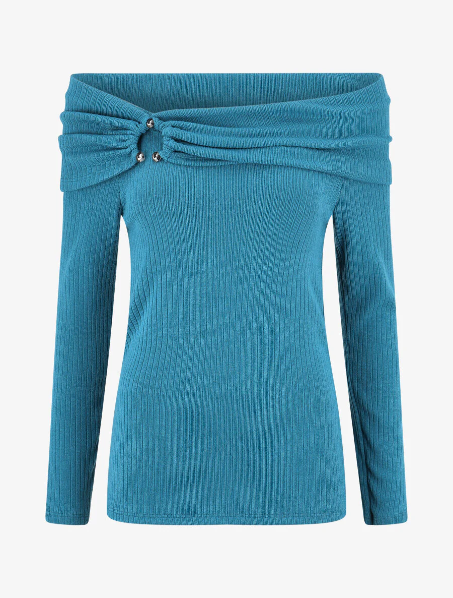 Pull fin côtelé à col bardot - Bleu canard