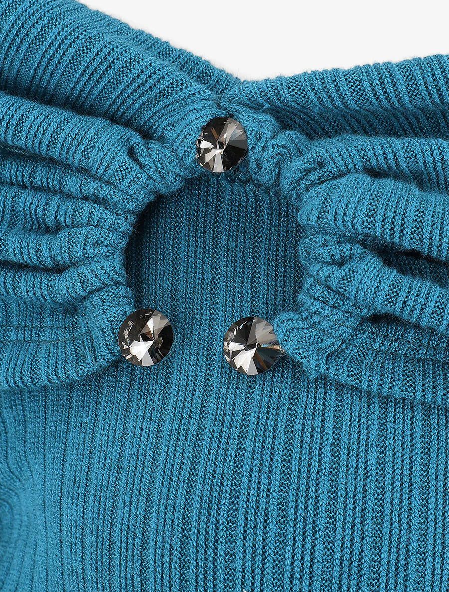 Pull fin côtelé à col bardot - Bleu canard - Image 3