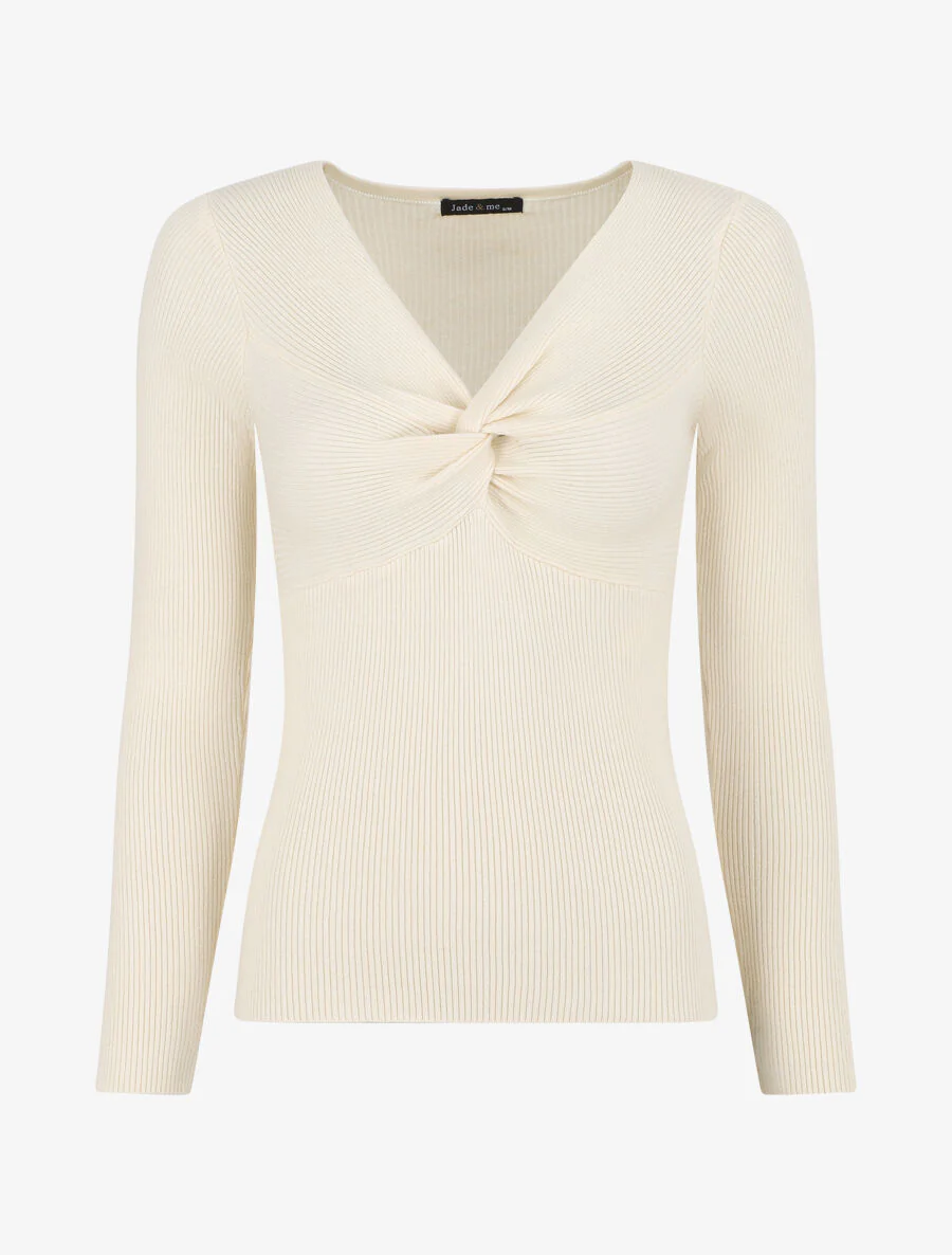 Pull fin côtelé à col nœud - Crème