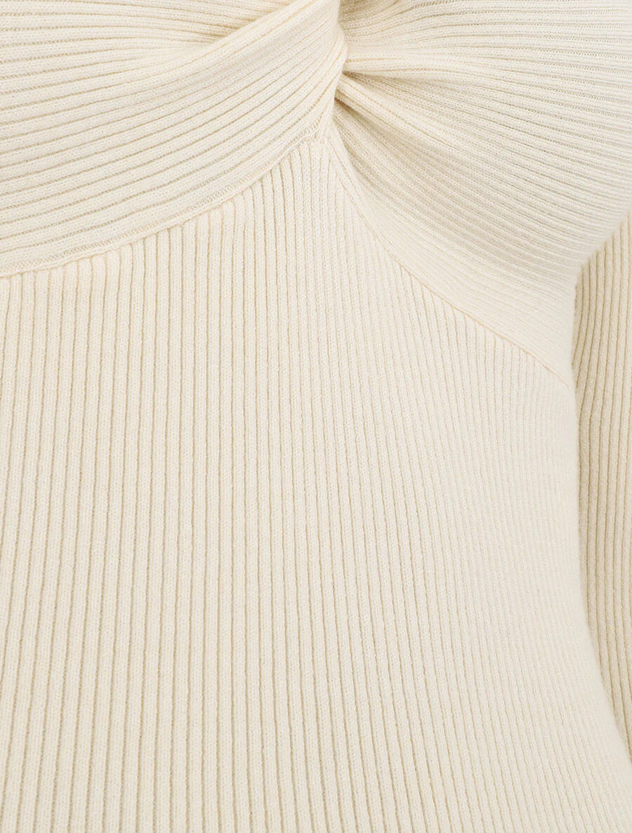 Pull fin côtelé à col nœud - Crème - Image 3