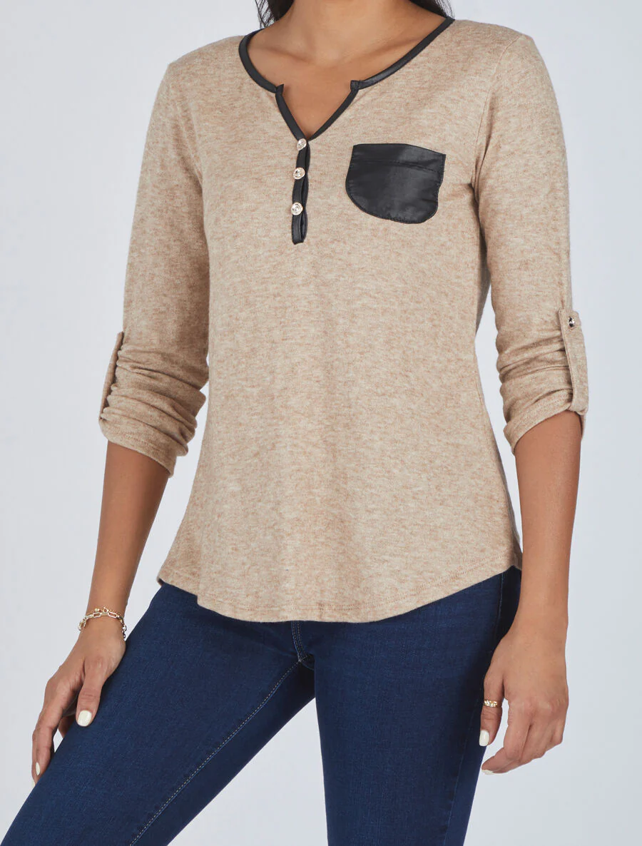 Pull fin droit à poche plaquée - Beige - Image 4