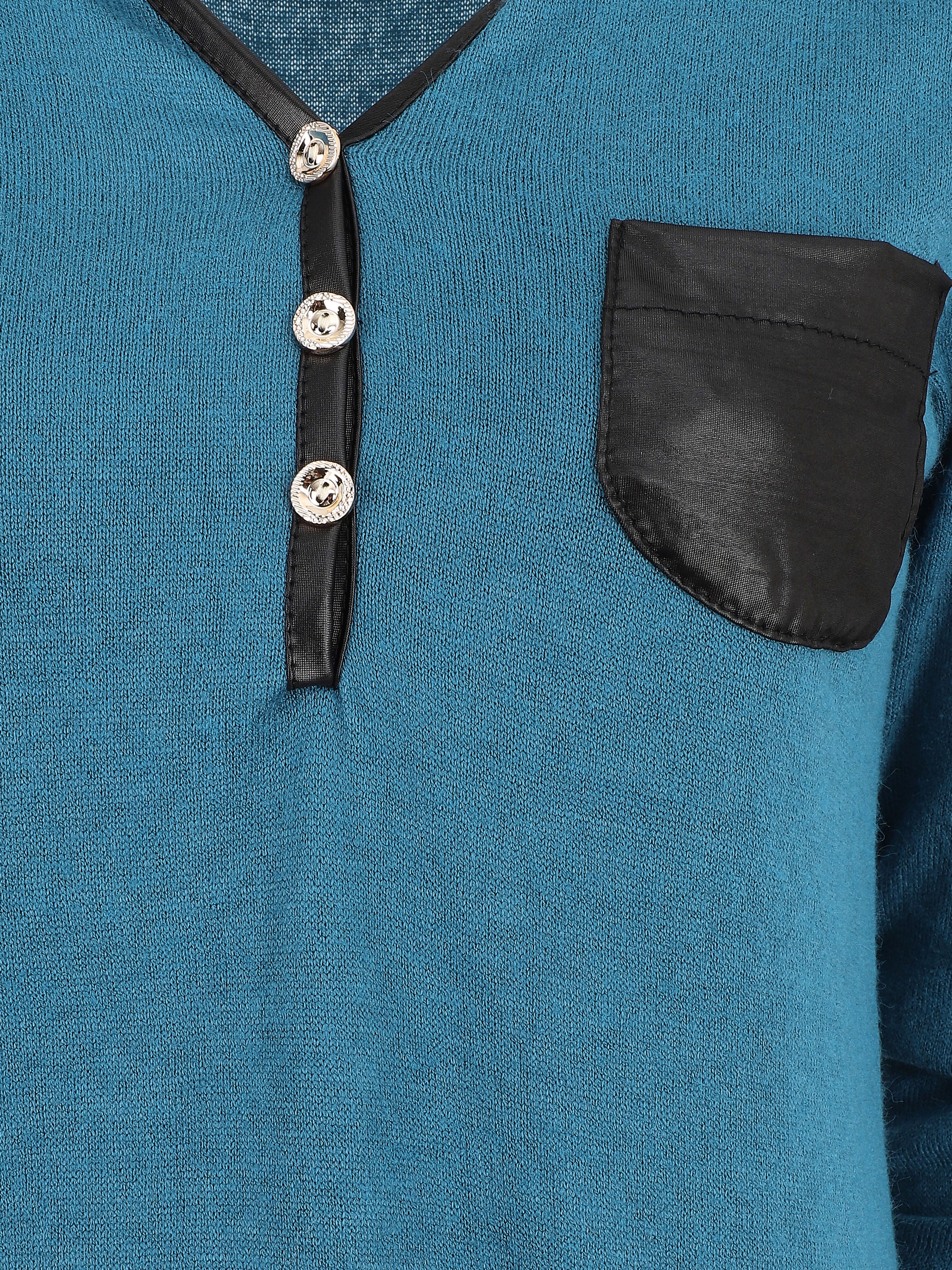 Pull fin droit à poche plaquée - Bleu canard - Image 3