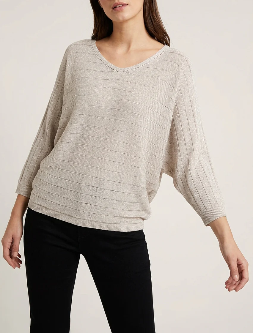 Pull fin irisé à manches chauves-souris - Beige - Image 4