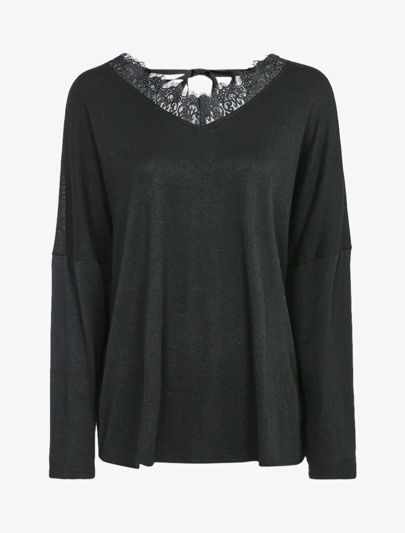 Pull fin oversize à empiècement dentelle - Noir
