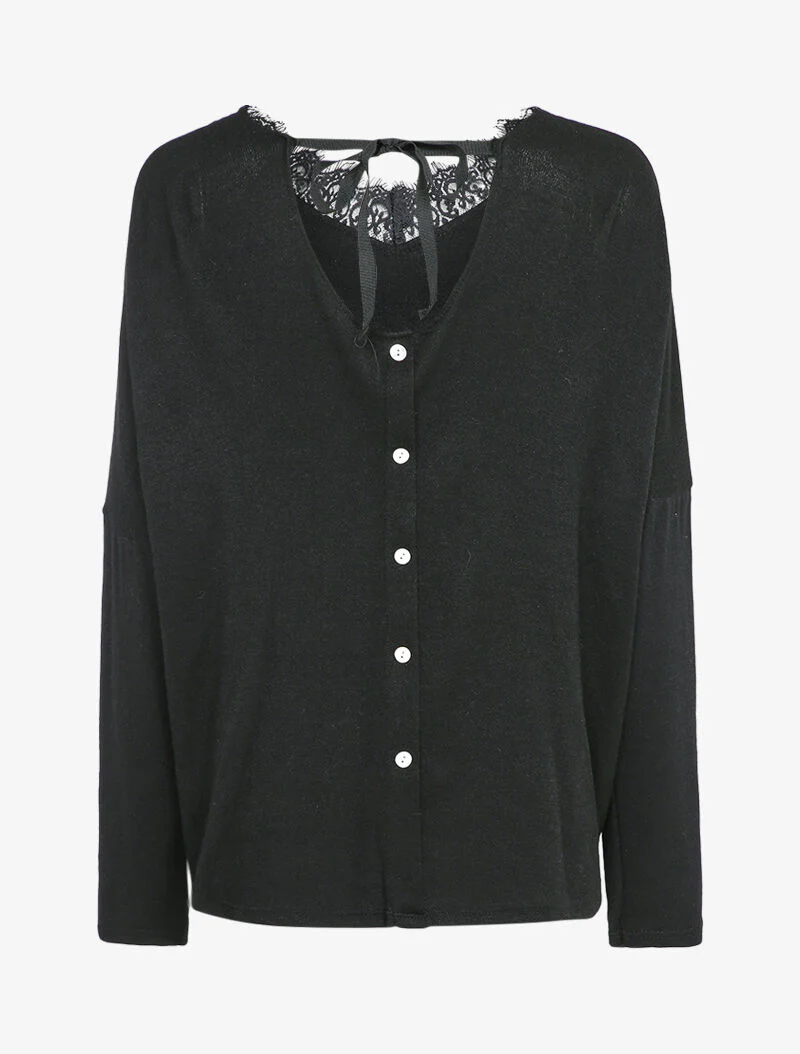 Pull fin oversize à empiècement dentelle - Noir - Image 2