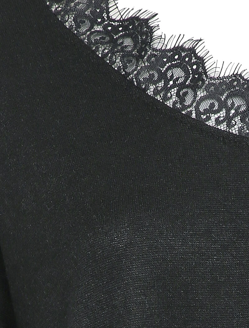 Pull fin oversize à empiècement dentelle - Noir - Image 3