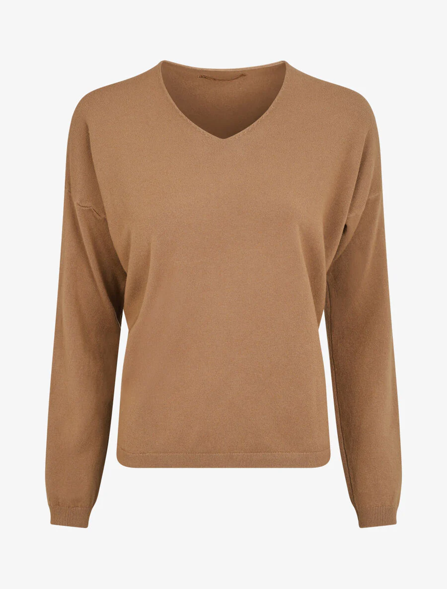 Pull fin uni à col V - Camel