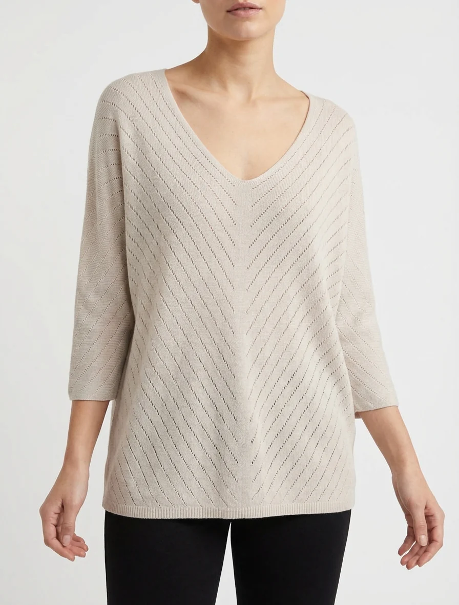 Pull fin uni à lignes ajourées - Beige - Image 4