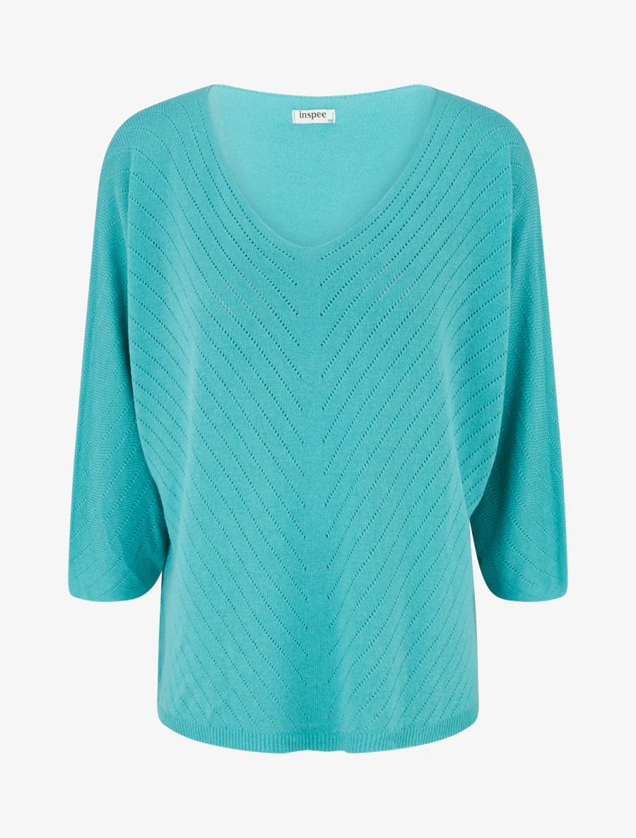 Pull fin uni à lignes ajourées - Turquoise