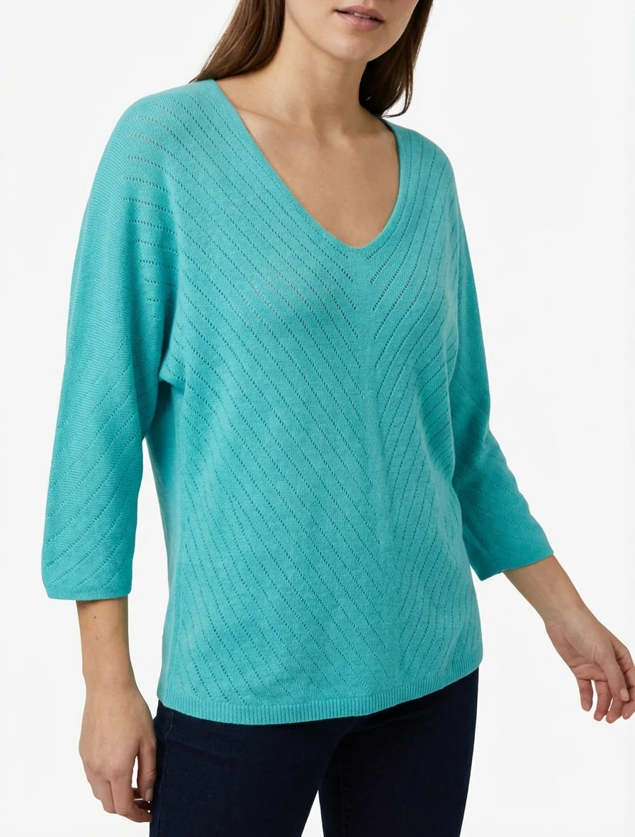 Pull fin uni à lignes ajourées - Turquoise - Image 4