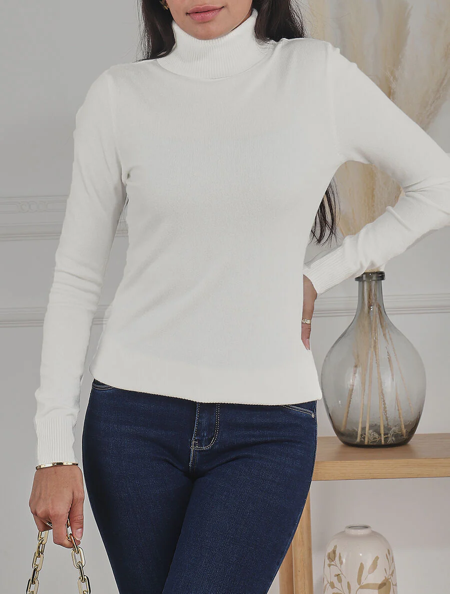 Pull fin uni col roulé - Blanc - Image 4