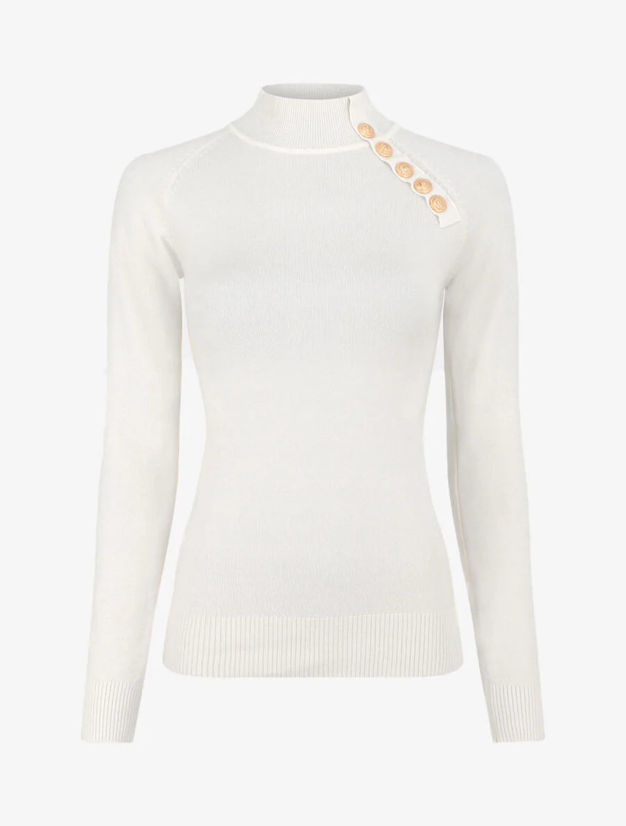 Pull fin uni et boutons décoratifs - Blanc