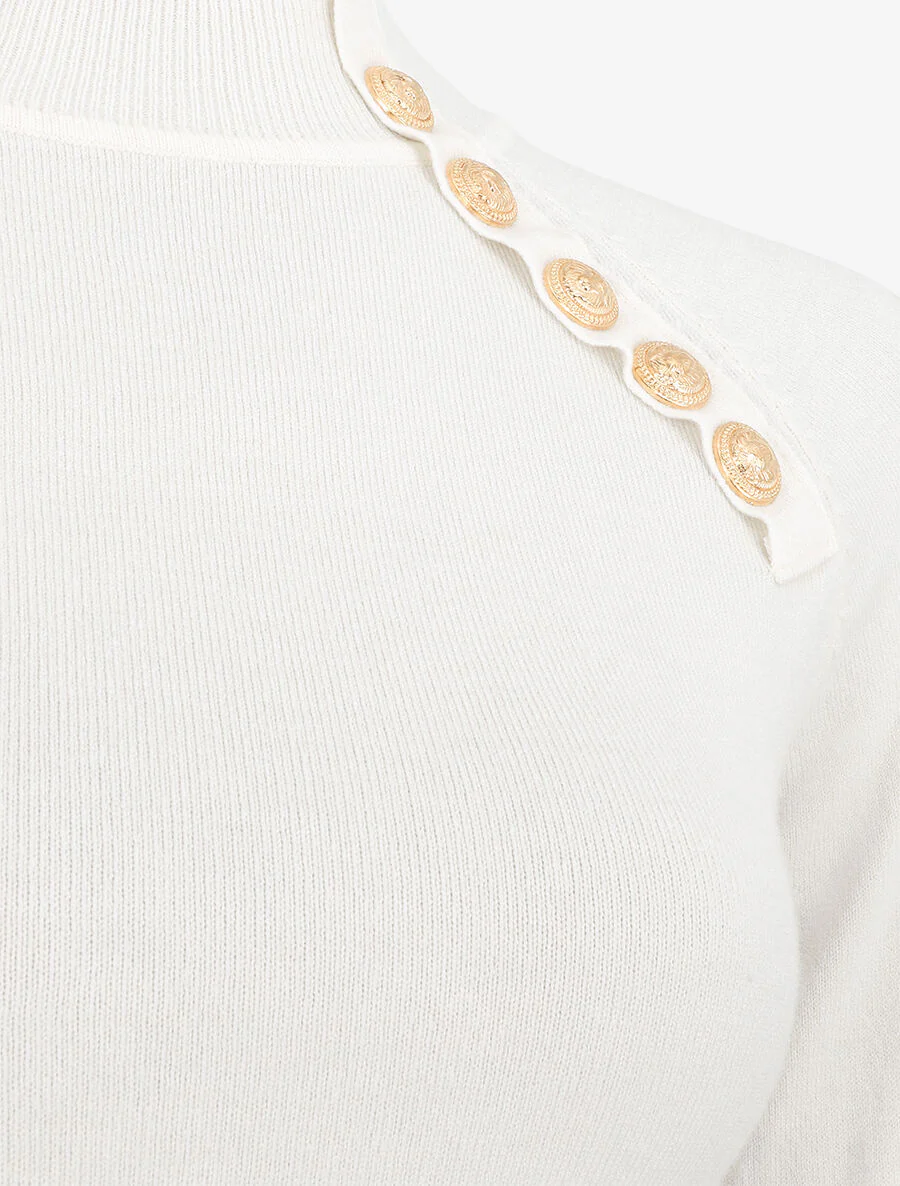 Pull fin uni et boutons décoratifs - Blanc - Image 3