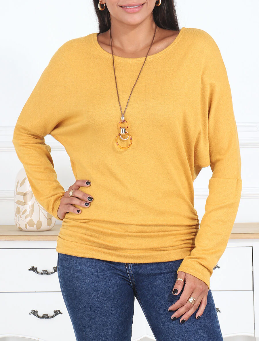 Pull fin uni froncé - Moutarde - Image 4