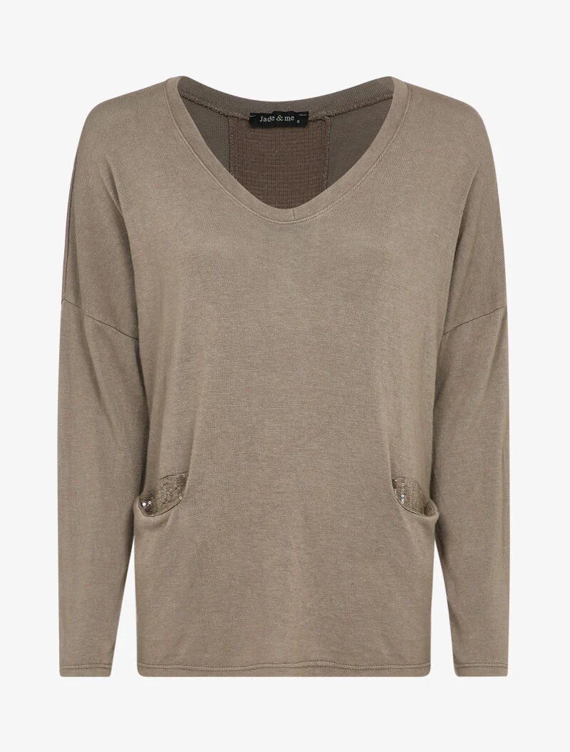 Pull fluide à poches et dos à détail sequins - Taupe