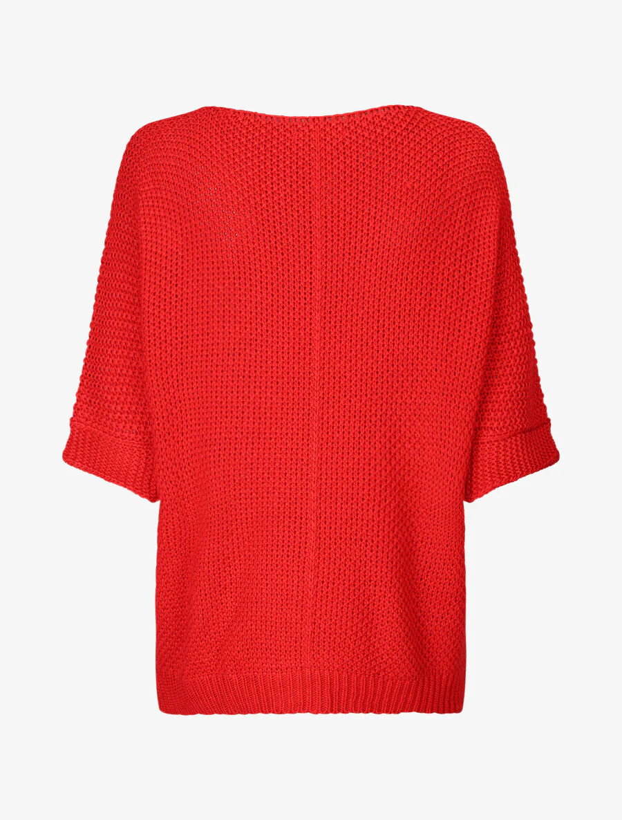 Pull grosse maille à manches 3/4 - Rouge - Image 2