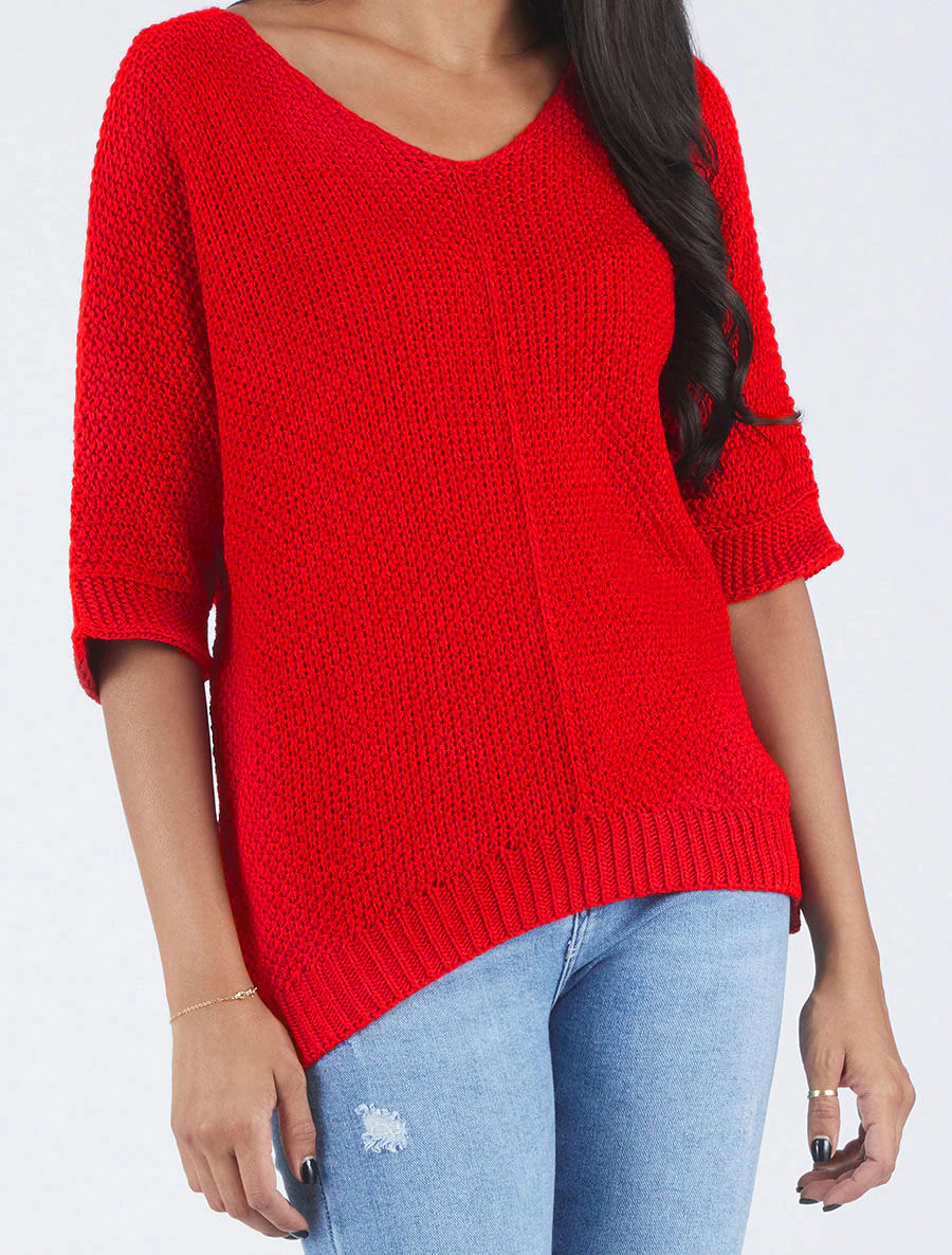 Pull grosse maille à manches 3/4 - Rouge - Image 4