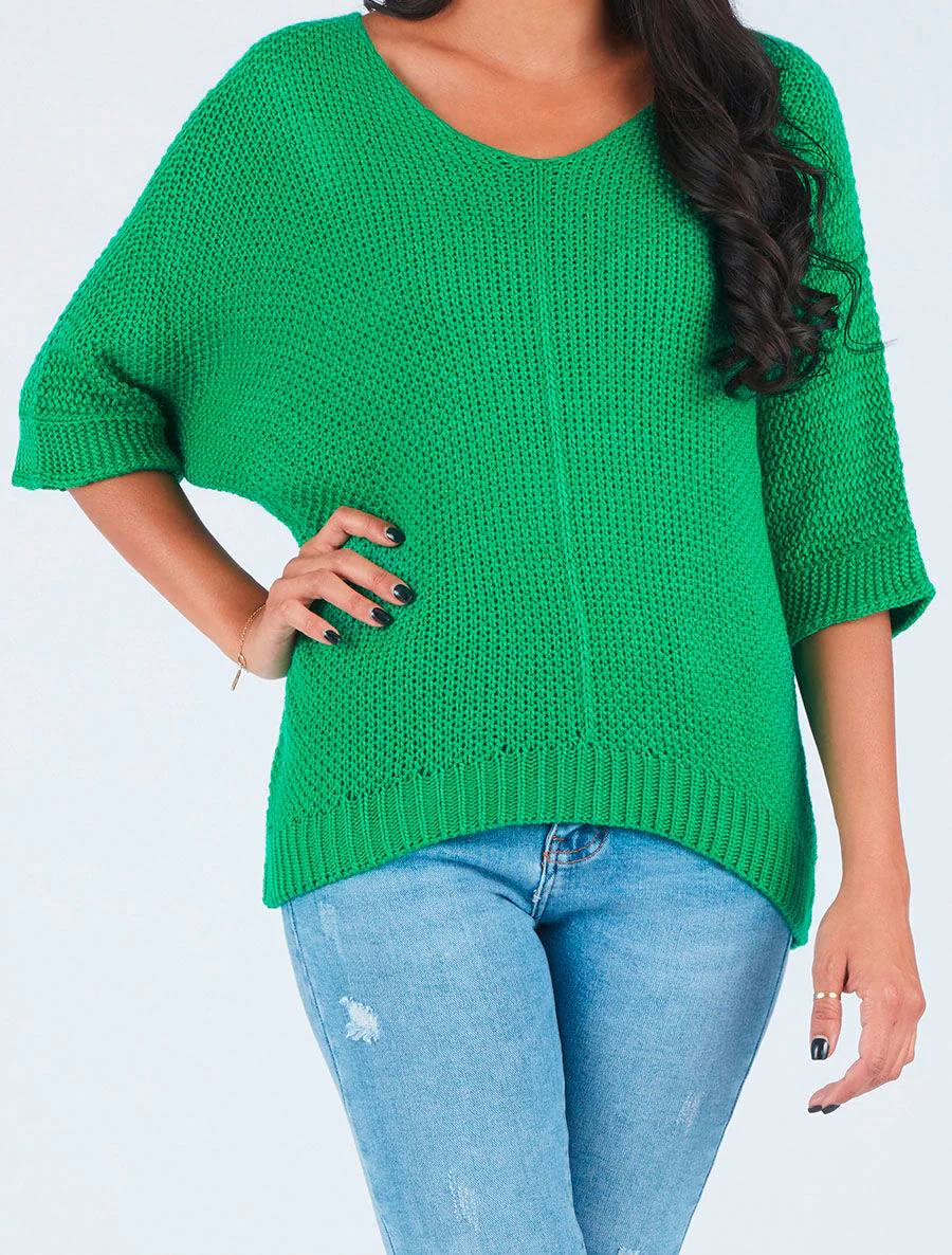 Pull grosse maille à manches 3/4 - Vert - Image 4