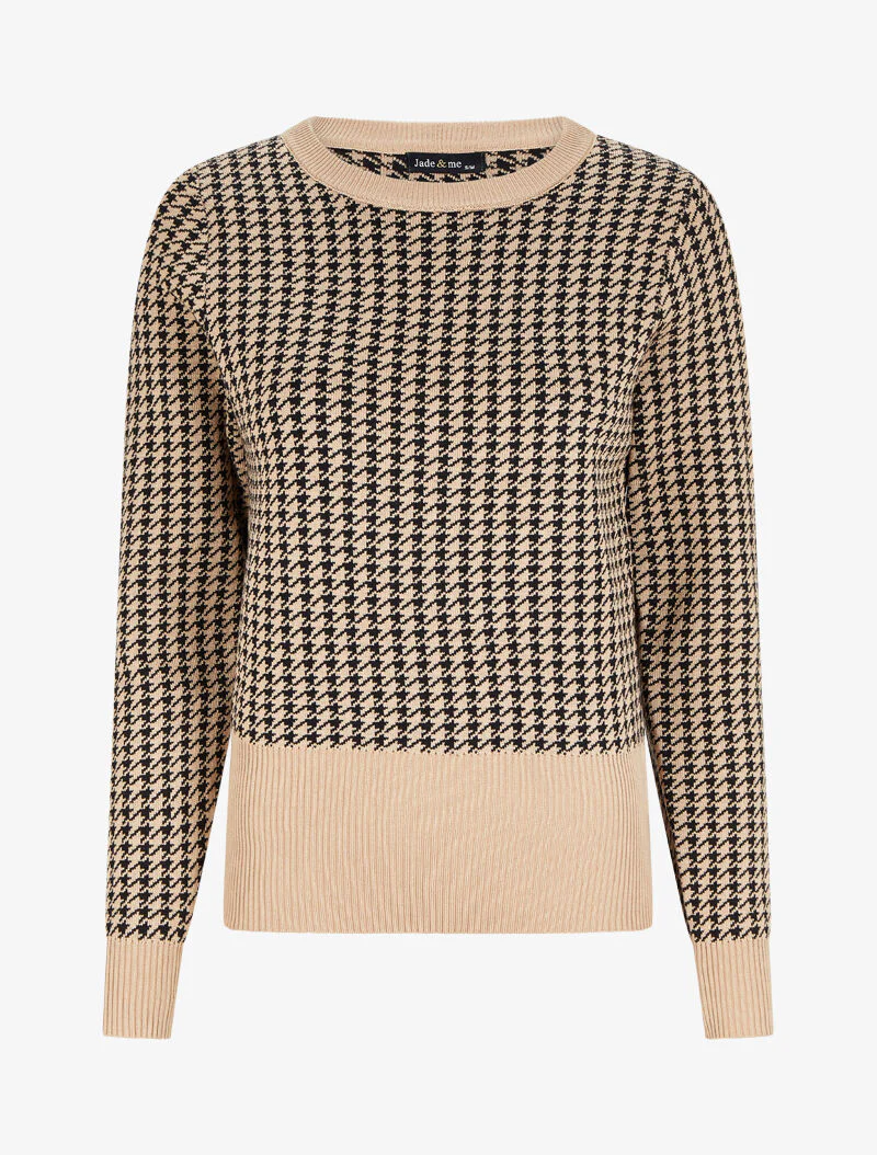 Pull imprimé pied-de-coq - Camel/noir