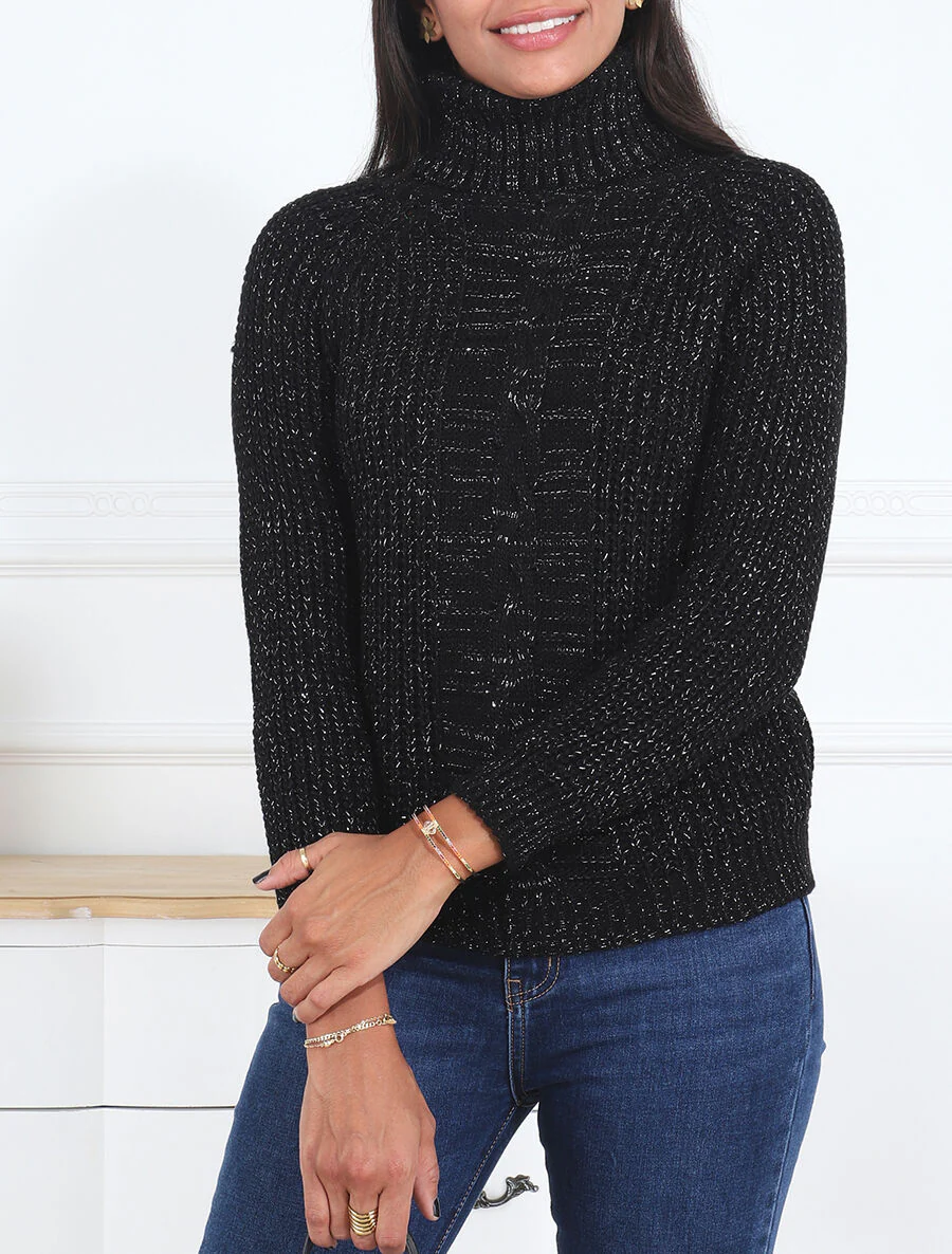 Pull irisé droit à col roulé - Noir - Image 4