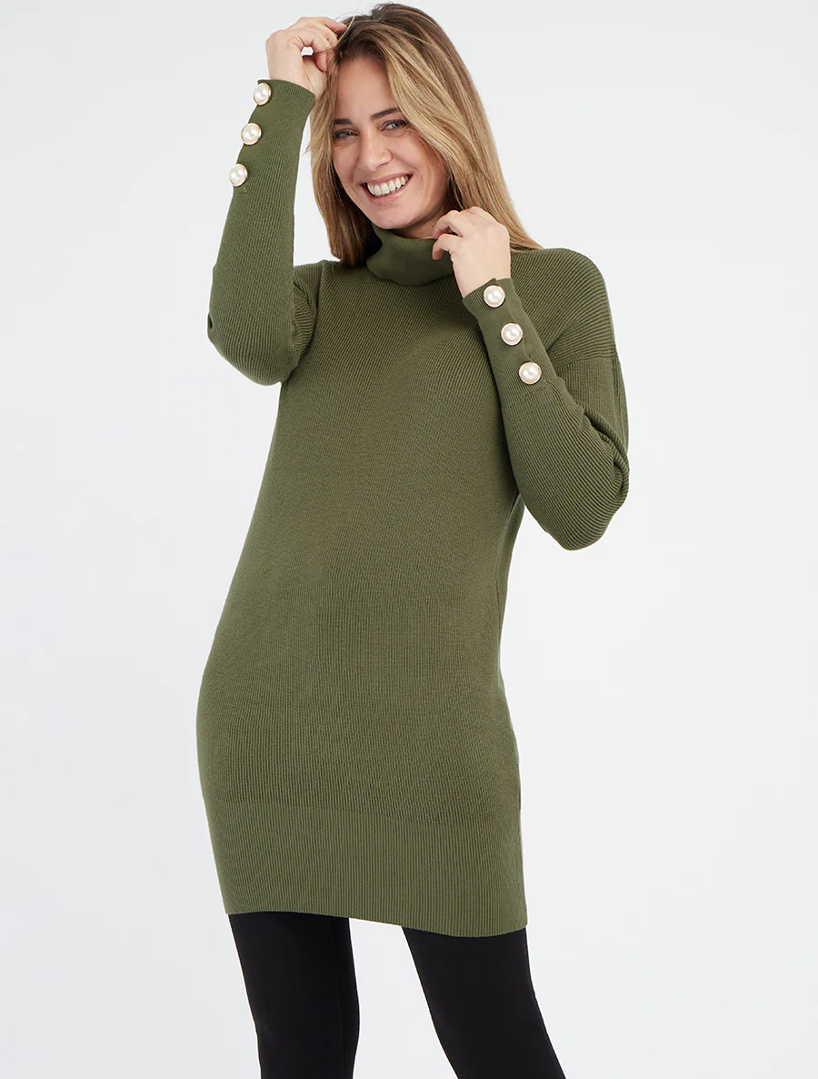 Pull long à boutons décoratifs aux manches - Kaki